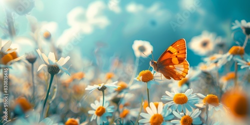 Beautiful nature scene with chamomile flowers and butterfly, blue sky with clouds, spring summer field, closeup macro, highquality image, vibrant and detailed photo