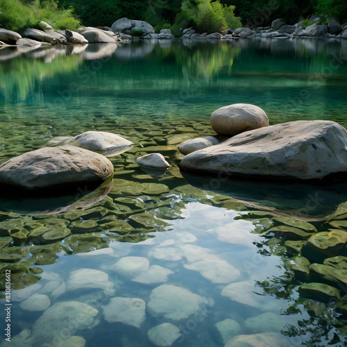 A breathtaking scene unfolds as crystal-clear water  mirroring the surrounding greenery and sky  gently ripples with serenity