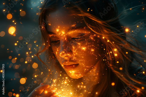 A striking image of a girl magician or witch conjuring beautiful radiance and illuminations, with the manifestation of magic creating an enchanting and mystical atmosphere