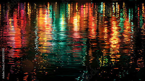 An abstract photograph capturing the reflection of city lights on water, resulting in a distorted and colorful pattern