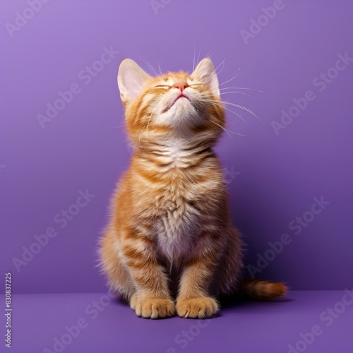 Kitten on violet backgrounds top view.