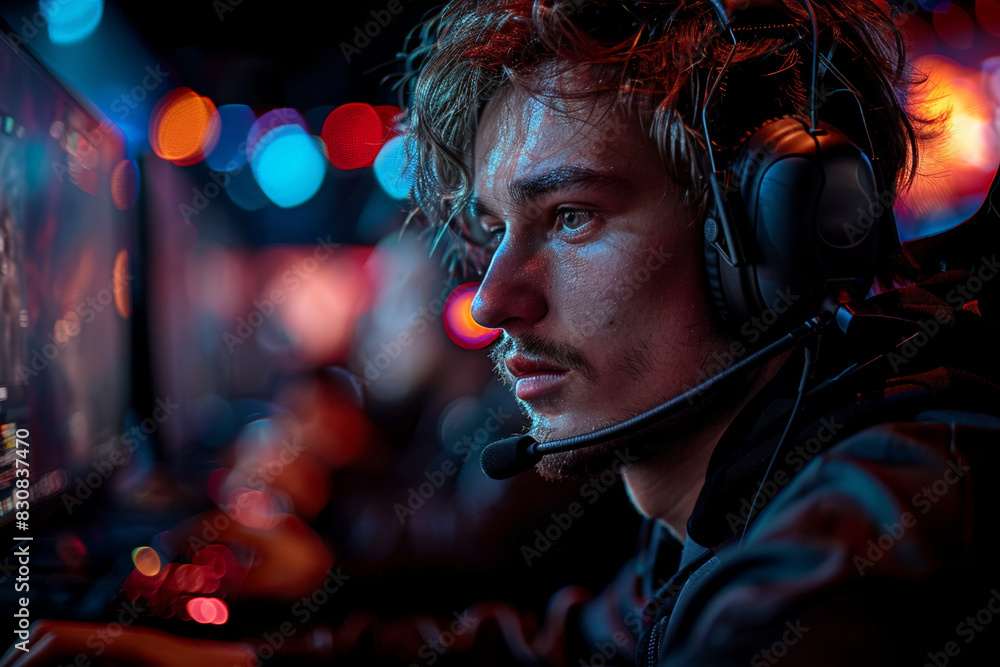 Man wearing headphones using computer Man wearing headphones using computer