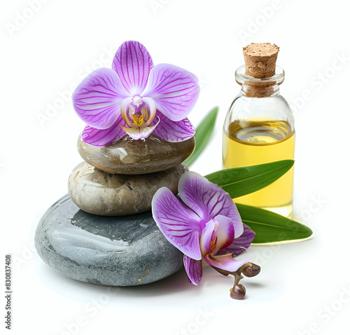 Essentiale ol and massage stone with orchids flower