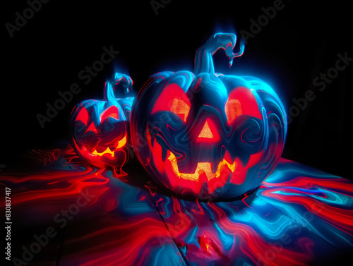 Two carved pumpkins illuminated from within on the table and dark background.