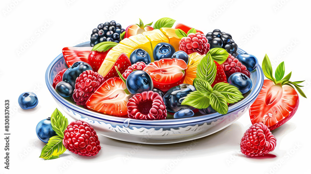 Illustration of a refreshing fruit salad bowl with vibrant colors and juicy fruits, perfect for healthy eating marketing. Illustration of a refreshing fruit salad bowl with vibrant colors and juicy fruits, perfect for healthy eating marketing.