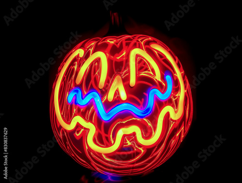A pumpkin with a carved face illuminated by swirling red and blue lights on dark background