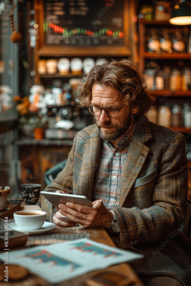 Financial analyst analyzing high fidelity visuals on tablet Financial analyst analyzing high fidelity visuals on tablet