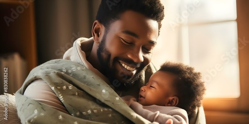 African father holding newborn baby at home. Concept Family Bonding, New Beginnings, Fatherhood Journey