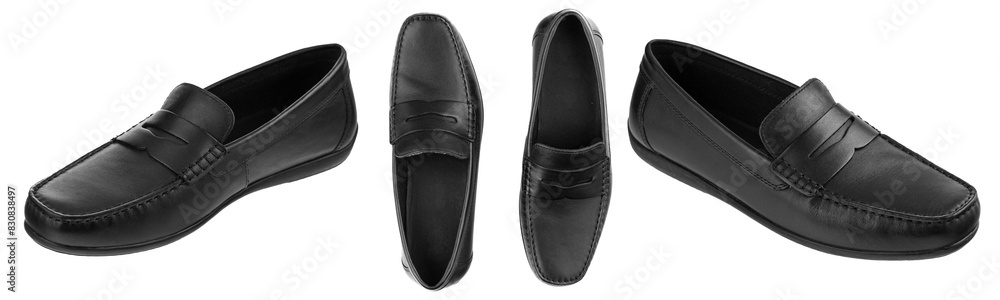 Set men's pair of black moccasins on isolated white background close-up Set men's pair of black moccasins on isolated white background close-up
