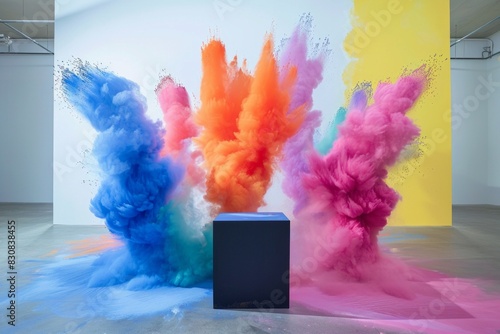 Product display podium with colorful powder paint explosion.