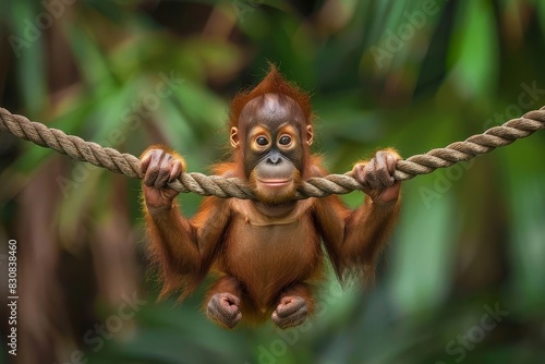 A playful scene of a young orangutan swinging on a rope, with a backdrop of vibrant green foliage in the heart of Borneo