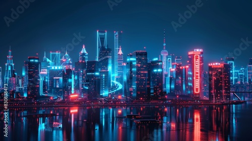 A city skyline with neon lights and a large sign that says 