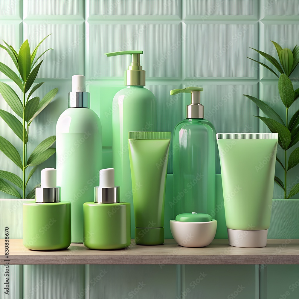 shampoo, shower gel, face cream, hand cream, stand against a white wall, and on a white shelf shampoo, shower gel, face cream, hand cream, stand against a white wall, and on a white shelf