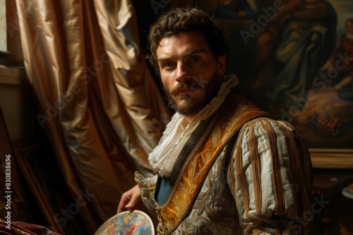 Wallpaper Mural A portrait of a Caravaggisti artist, depicted in his studio surrounded by rich, dark drapery and holding a palette, illuminated by a soft beam of light Torontodigital.ca