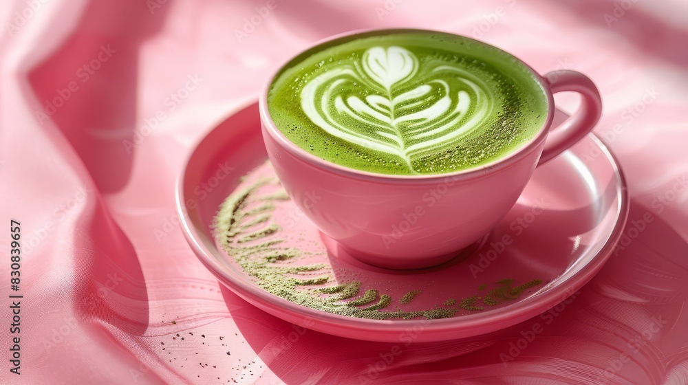 Fototapeta premium Matcha Latte in Pink Cup with Latte Art