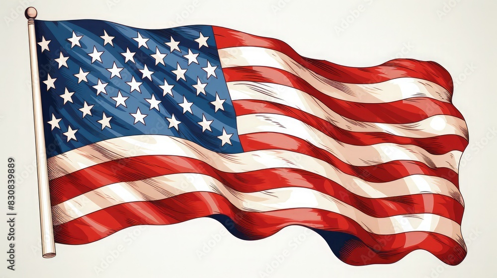 A waving American flag with red and white stripes and blue stars. A waving American flag with red and white stripes and blue stars.