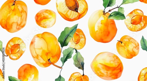 Set of apricots on white background, watercolor pattern design.