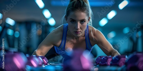 A woman in sportswear exercises at the gym focusing on weight training and maintaining a healthy lifestyle. Concept Fitness, Gym, Weight Training, Healthy Lifestyle, Sportswear