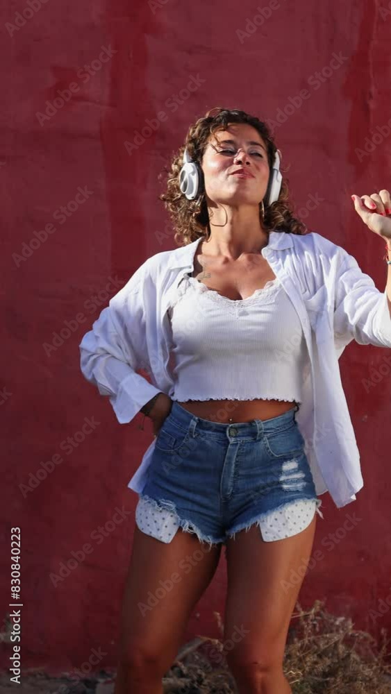 Young woman enjoying music outdoors against red wall Young woman enjoying music outdoors against red wall