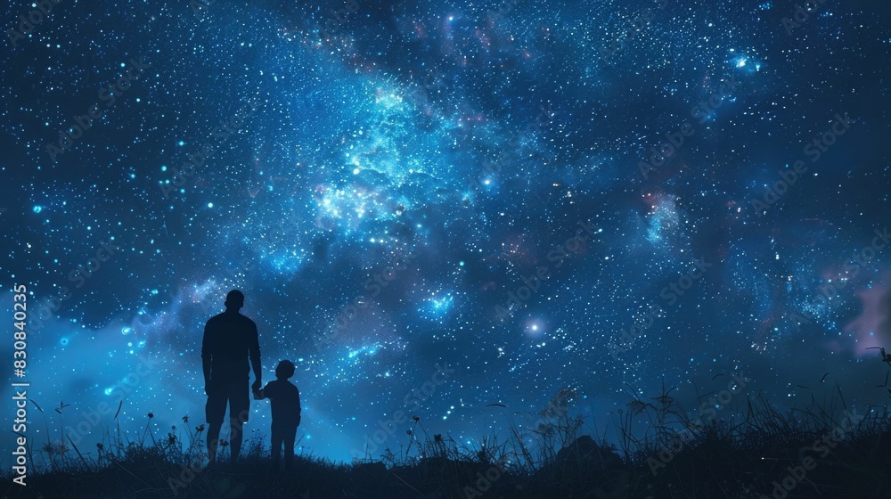 Father and Child Gazing at the Wonders of the Starry Night Sky A Serene Moment of Discovery and Bonding Beneath the Vast and Enchanting Cosmos Father and Child Gazing at the Wonders of the Starry Night Sky A Serene Moment of Discovery and Bonding Beneath the Vast and Enchanting Cosmos