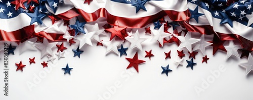 Red, white, and blue stars scattered on a white background, with an American flag in the upper frame. photo