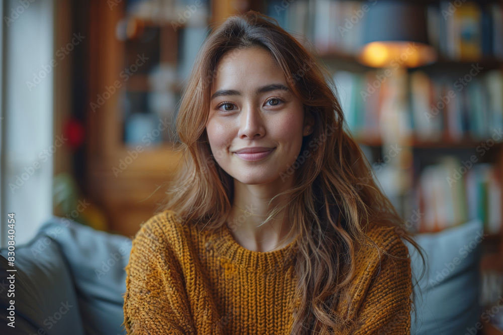 Woman sitting on couch in front of book shelf Woman sitting on couch in front of book shelf
