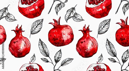 Set of pomegranates on white background, watercolor pattern design.