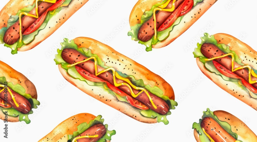 Hot dogs on white background, watercolor pattern design. Hot dogs on white background, watercolor pattern design.