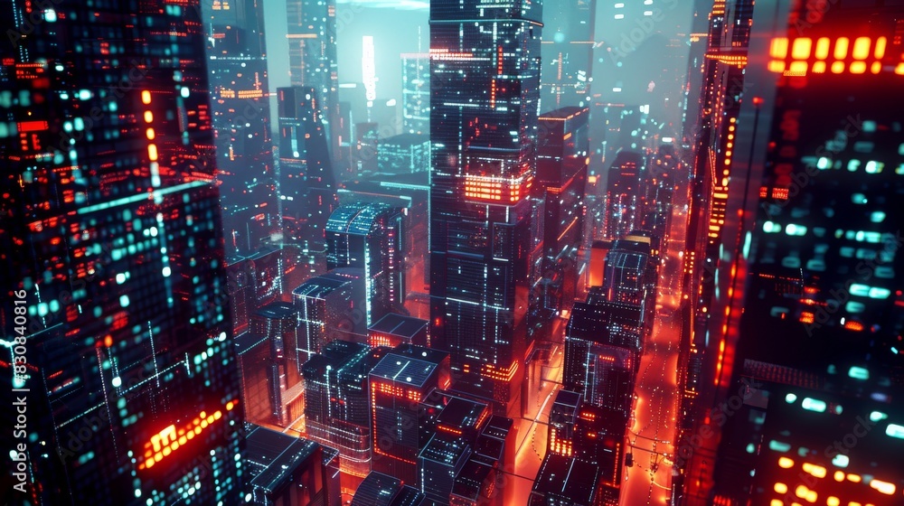 A cityscape with neon lights and buildings