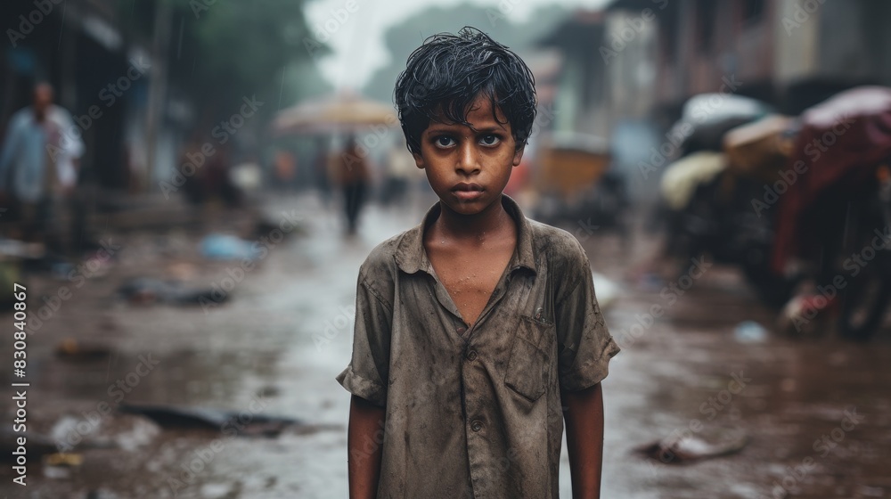 Poor and sad Indian boy on a flooded and polluted street after heavy rain Poor and sad Indian boy on a flooded and polluted street after heavy rain