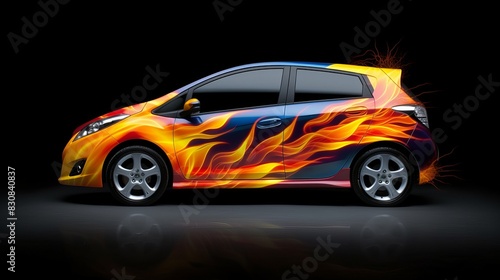 Car with airbrushing and neon lights on a dark background.