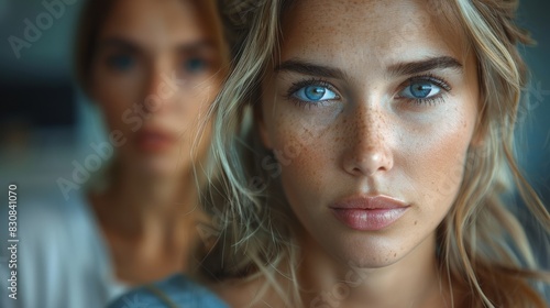 Engaging close-up of a young woman with vivid blue eyes and freckles, looking over her shoulder