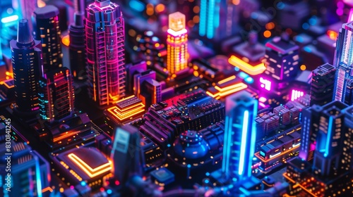 A cityscape with neon lights and buildings is shown in a 3D rendering