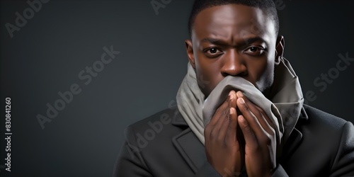 Unwell African man with runny nose due to cold flu or allergies looking sick and uncomfortable. Concept Sick, Unwell, African man, Runny nose, Cold, Flu, Allergies, Sick, Uncomfortable photo