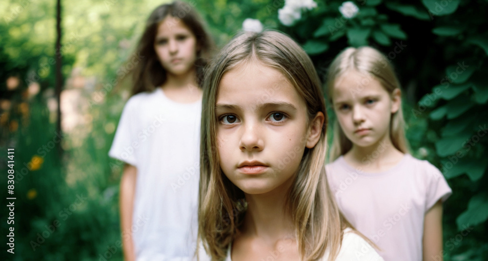 Small child, girl, in the garden with siblings, quarrelling and bullying, bad mood, drama, anxiously hiding, envy and exclusion, sad expression, family tragedy Small child, girl, in the garden with siblings, quarrelling and bullying, bad mood, drama, anxiously hiding, envy and exclusion, sad expression, family tragedy