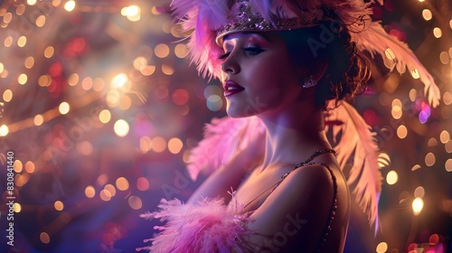 Stunning flapper woman as a cabaret dancer, adorned with feathers in a roaring twenties fashion, surrounded by scenic lights and exuding classic glamour. photo