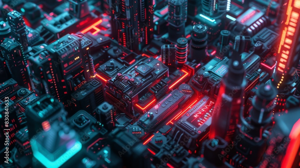 A cityscape with neon lights and buildings