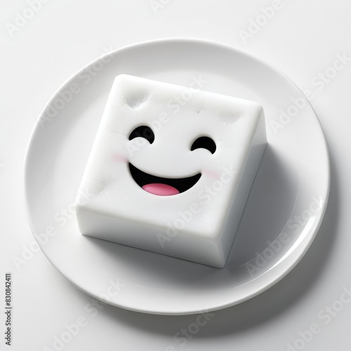 A square dessert with a happy face, featuring closed eyes and a smiling mouth, placed on a white plate. The cute and appetizing design evokes a sense of joy and delight, perfect for food-related