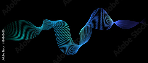 Abstract turquoise green and blue gradient flowing wave lines on black background. Particle lines design element banner for futuristic modern technology science decoration. Vector illustration.