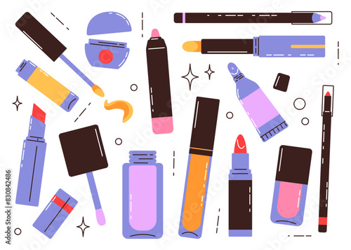 Various lipstick set. Collection of stickers  lip color, balm, gloss, cosmetics. Vector flat illustration.