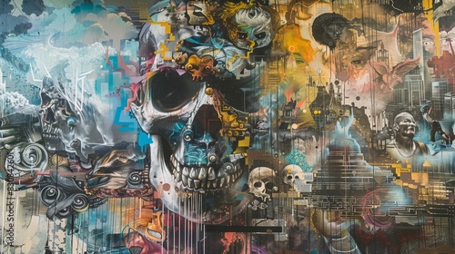 Large mural showcasing a mix of street art styles and historical elements, focus on, cultural expression, ethereal, Multilayer, city wall backdrop