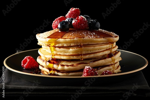 a stack of pancakes with berries and syrup on top