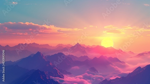 Sunset Over Mountain Range. A breathtaking sunset over a majestic mountain range, with the sun setting on the horizon, sky transitioning from blue to hues of orange and pink