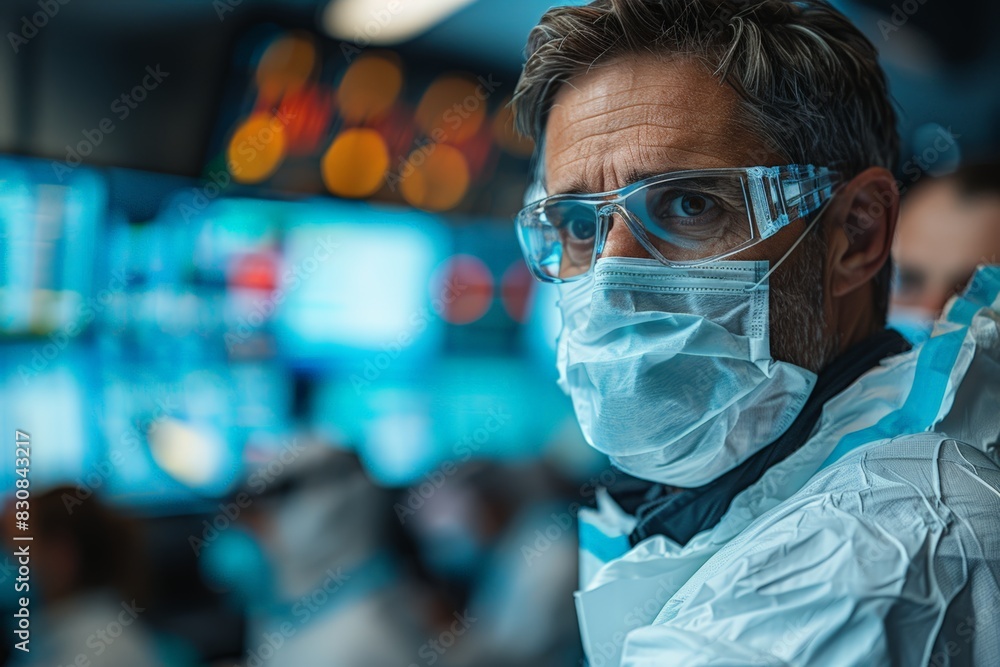 Man wearing face mask and goggles outdoors Man wearing face mask and goggles outdoors