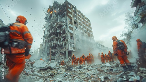 An explosion at a building with workers in orange suits observing, embodying controlled demolition photo
