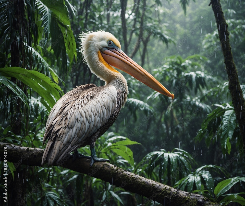 Fototapeta premium Sparrow, Eagle, Hawk, Owl, Pigeon, Crow, Robin, Parrot, Penguin, Flamingo, Swan, Hummingbird, Peacock, Woodpecker, Seagull, Toucan, Canary, Finch, Peli sitting on a branch in the natural green forest
