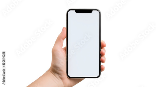 Close-up of a person's hand holding a modern smartphone with a blank screen, ideal for showcasing apps, websites, or promotional content. isolated on transparent background