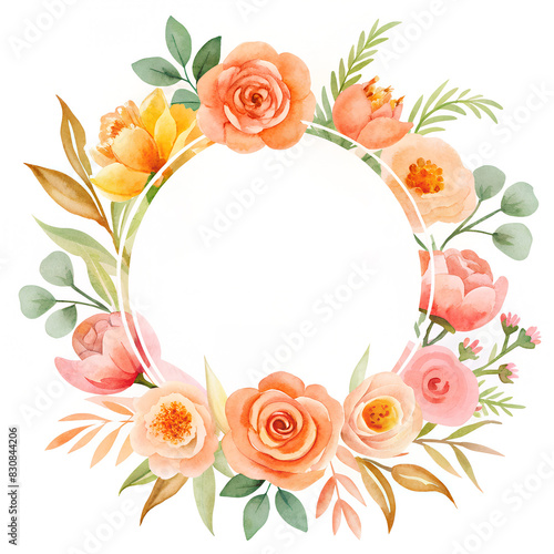 Watercolor mockup floral shop logo, pink and orange colors, white background