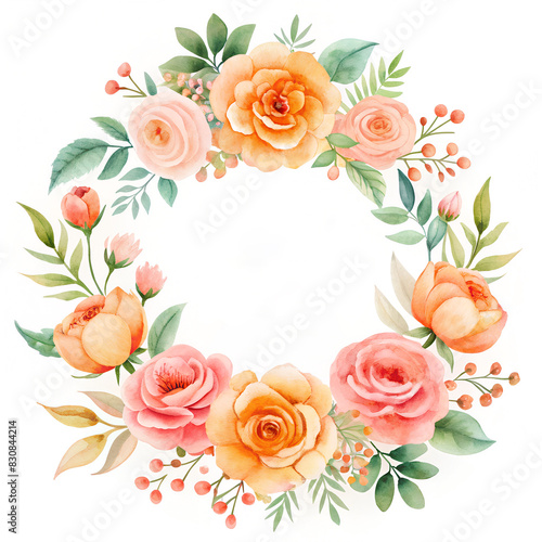 Watercolor mockup floral shop logo, pink and orange colors. White background
