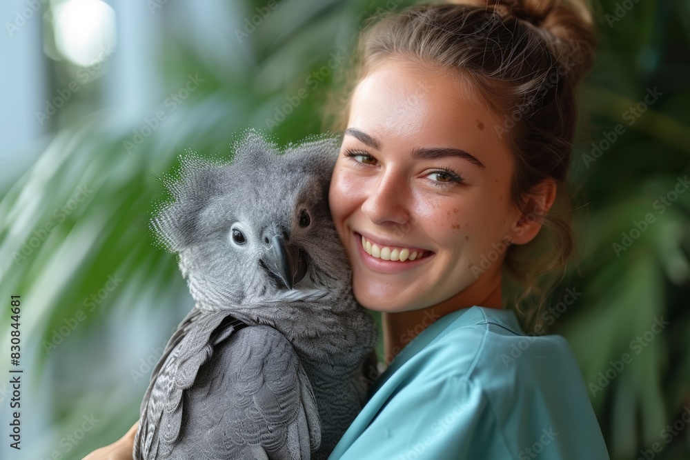 Woman holding bird in her arms Woman holding bird in her arms